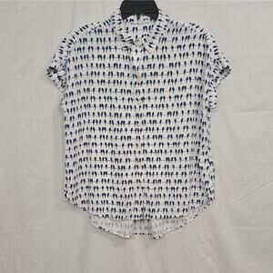 Jane + Delancey Womens M Blue White Bird Print Woven Rayon Button-Up Blouse